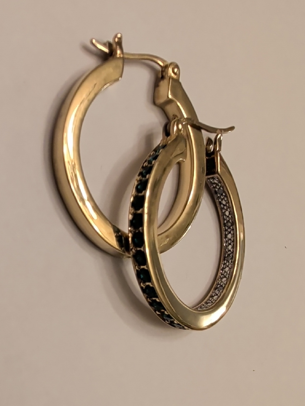 Gold Tone Sterling Silver Hoop Earrings with Green and Clear Stone Accents